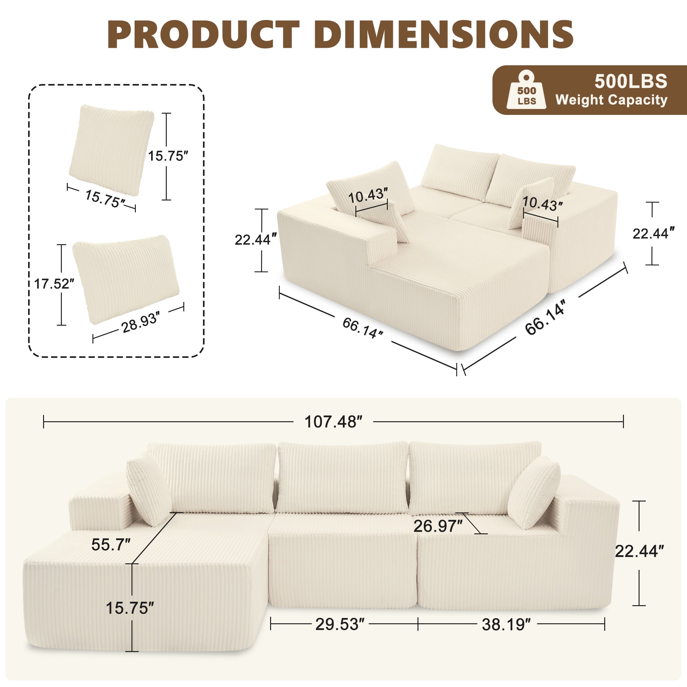edx 108" Convertible Sectional Couches Comfy Fluffy 4 Seat Memory Foam Sectional Sofa Upholstered Couches for Living Room Bedroom,No Assembly Required,(Left Facing Chaise) Beige