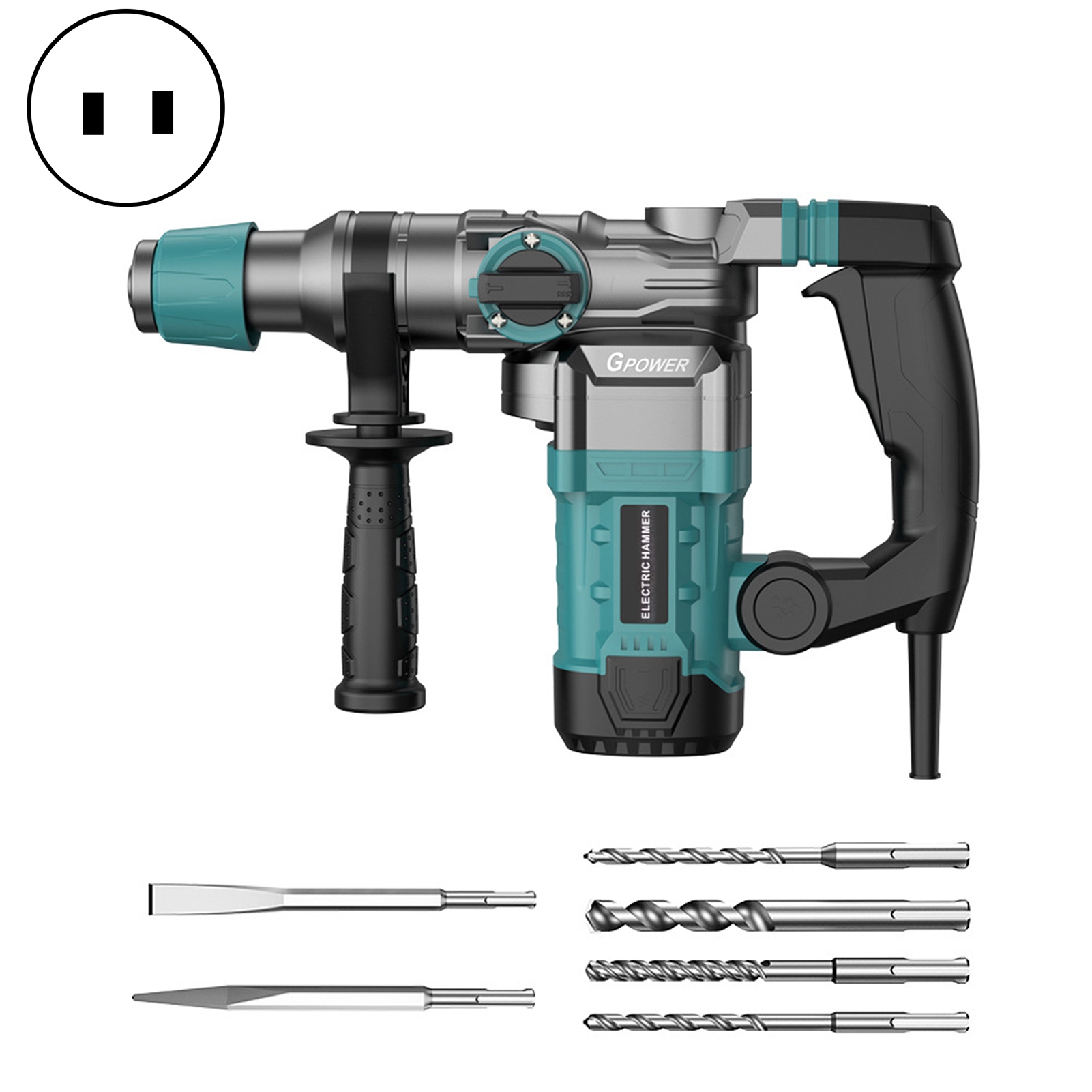 3 in 1 Hammer Drill, 1-1/4 Inch 13 Amp Heavy Duty Rotary Hammer Drill with Safety Clutch, 4 Functions and Variable Speed, Including Chisels and Drill Bits-US Plug