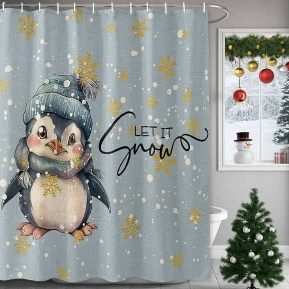 Christmas Watercolor Shower Curtains for Bathroom, Penguins and Snowflakes Blue Waterproof Fabric Shower Curtain for Bathroom Bathtub Decoration, Machine Washable, 60"x72"
