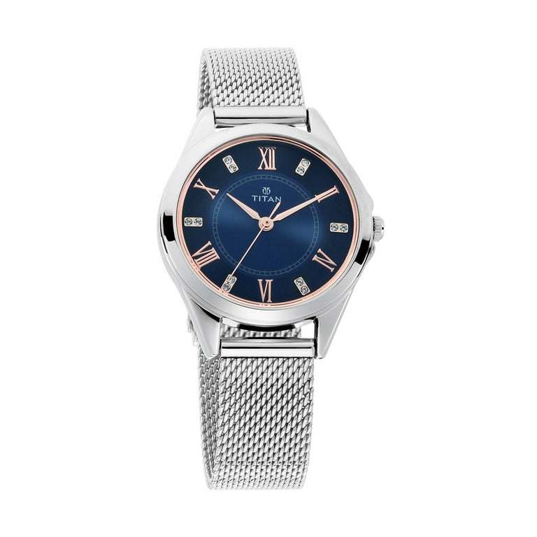 Titan Sparkle Blue Dial Silver Stainless Steel Strap Analog Watch for Women