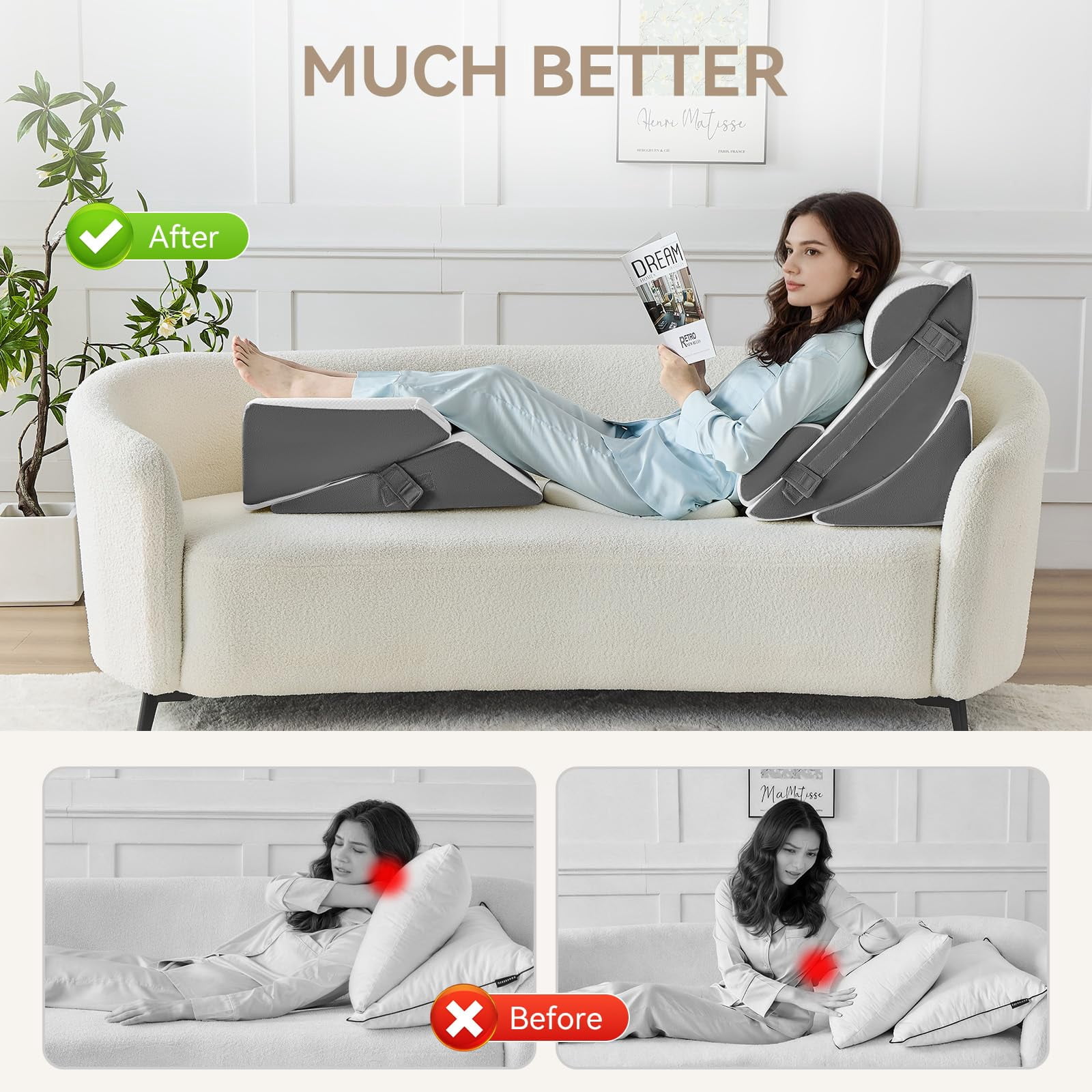 9pcs Bed Wedge Pillow Set For Sleeping  And Leg Foam Body Triangle Adjustable Support - Acid Reflux Pillows Grey