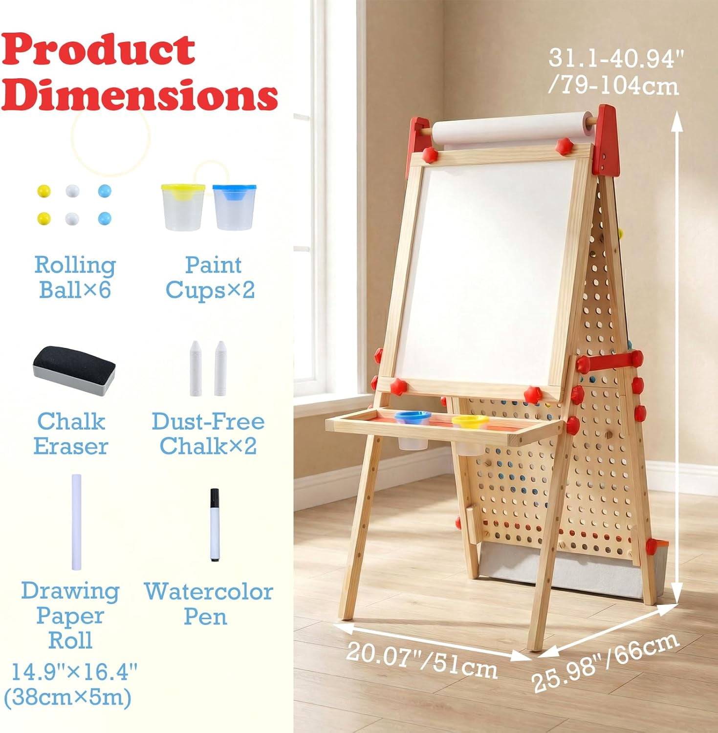 OLAKIDS 4 in 1 Easel for Kids with Marble Run, Magnetic Whiteboard, Chalkboard, Drawing Paper Roll, 6-Level Adjustable Height for Toddlers Ages 3-10