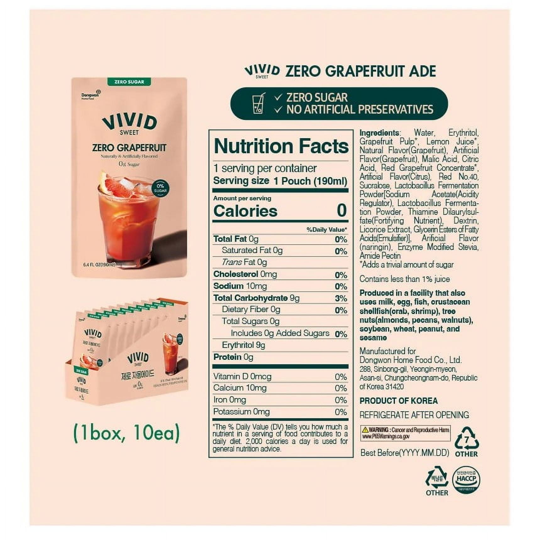 Vivid Sweet - Grapefruit Ade, Zero Sugar, Zero Calories, No Artificial Preservatives or Corn Syrup, 6.4 fl oz (10 Pouch) (10 Pouch, Zero Grapefruit Ade)