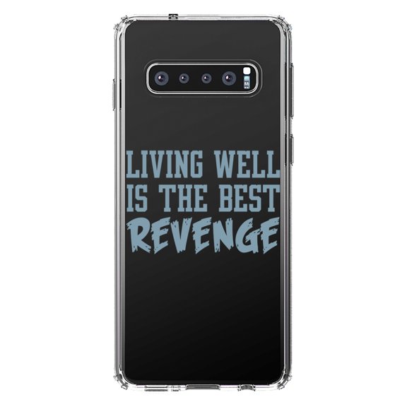 DistinctInk Clear Shockproof Hybrid Case for Samsung Galaxy S10 (6.1" Screen) - TPU Bumper Acrylic Back Tempered Glass Screen Protector - Living Well is The Best Revenge