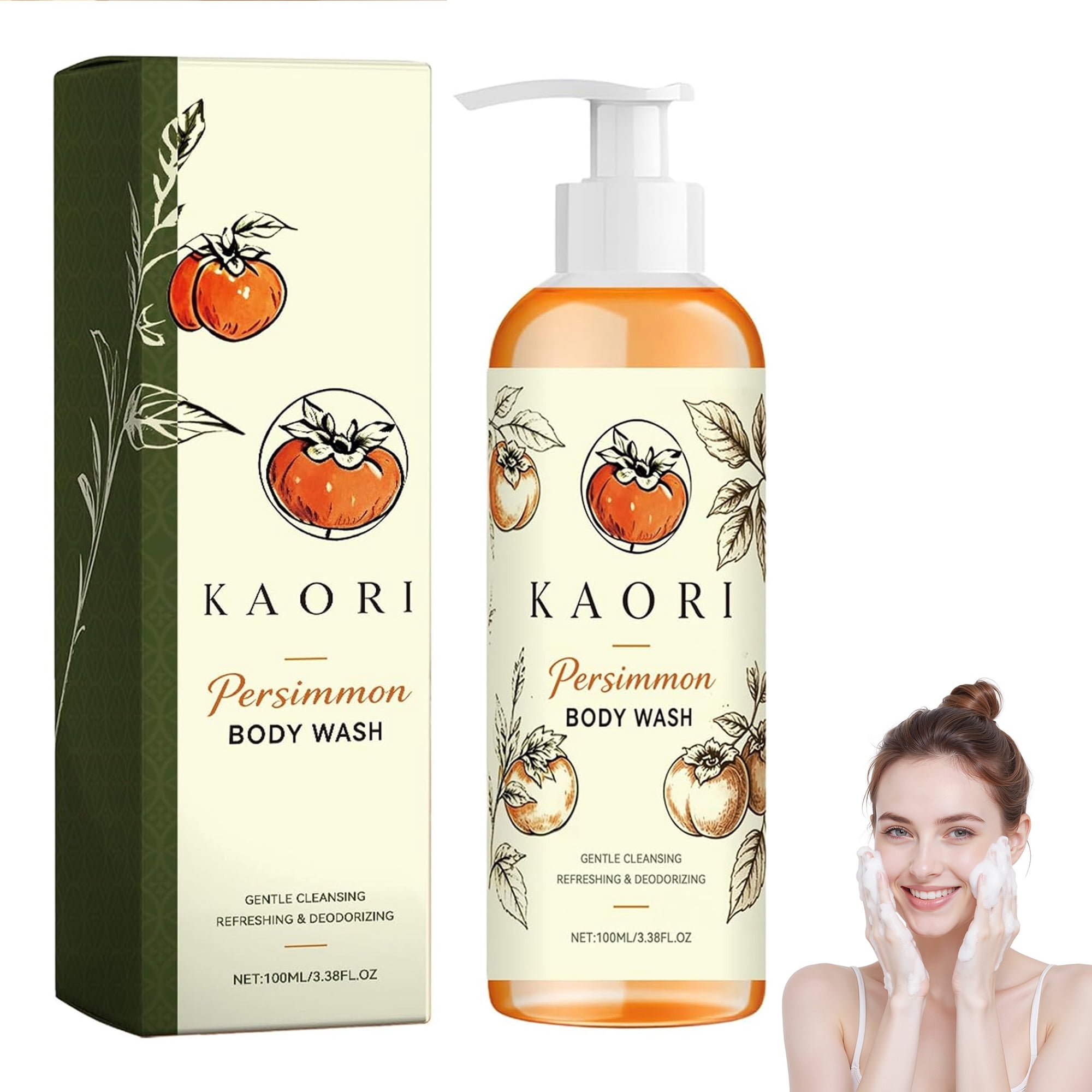 Kaori Persimmon Body Wash, Natural Deodorizing Shower Gel, Fresh & Clean Skin Cleanser, Helps Remove Body Odor with Persimmon Extract, Unisex Daily Use for Women & Men (1PC)