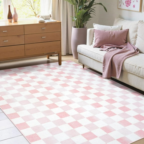 Ombre Checkered Rug, Washable Pink Rugs For Bedroom Aesthetic, Low Pile Soft Non-Slip Modern Checkerboard Area Rug For Living Room Kids Room Nursery Playroom Dining Room 3x4ft