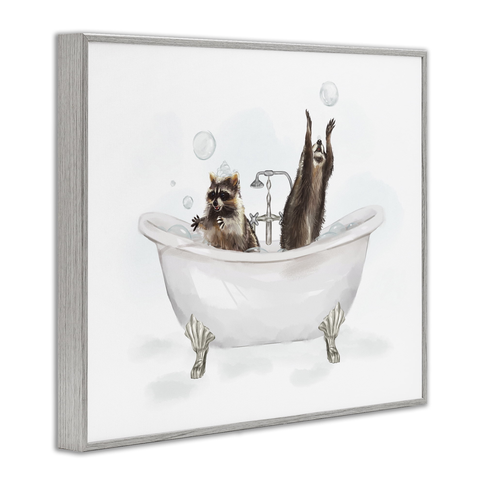 Stupell Industries Raccoons Catching Bubbles Typography Painting Gray Framed Art Print Wall Art, 14 x 11