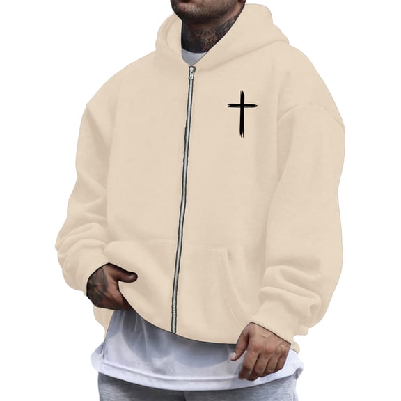 Jesus Hoodie for Men God Loves You Print Zip Up Christian Faith Sweatshirt Y2K Spring Fall Beige L