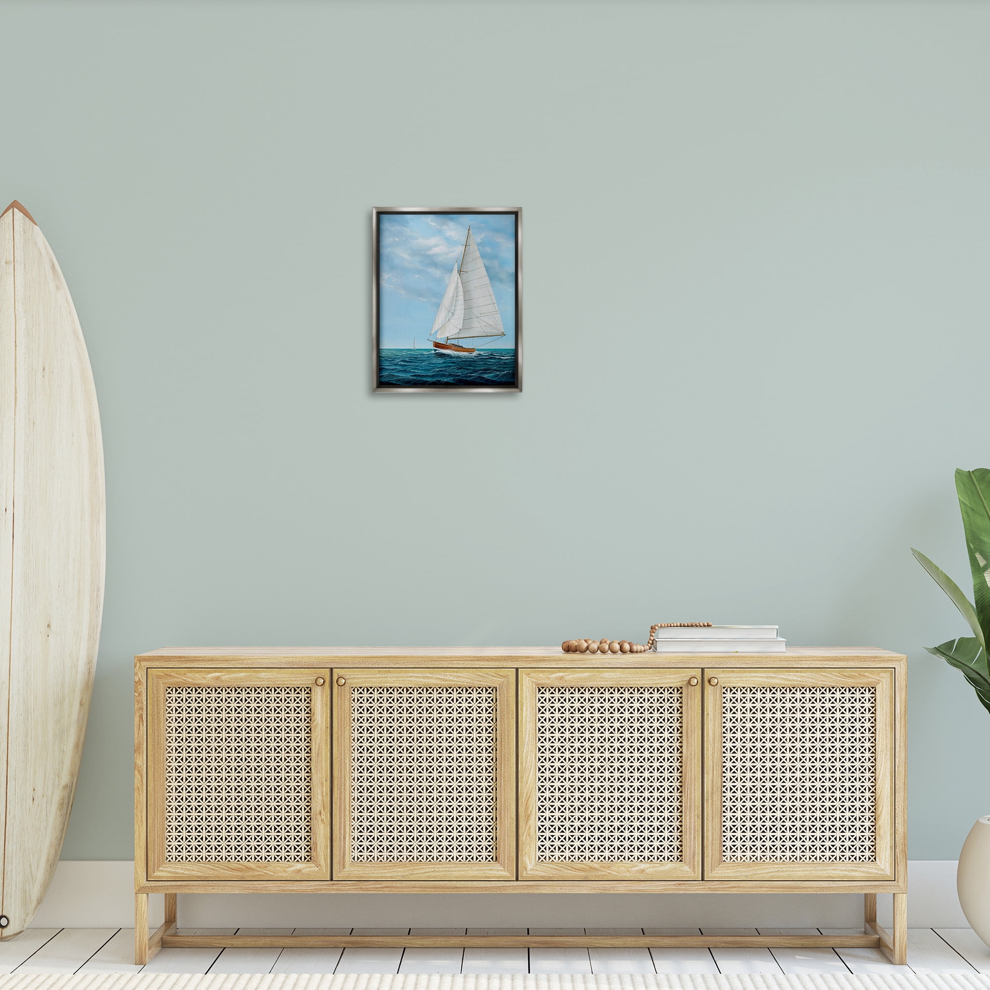 Stupell Industries Nautical Sailboat Waves Transportation Painting Gray Floater Framed Canvas Art Print Wall Art, 17 x 21