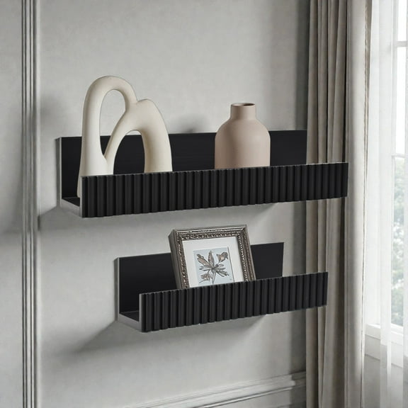 American Art Decor Ribbed 2-Piece Floating Wall Shelf Set, Black Shabby Chic Carved Picture Ledge Shelves with Lip, Decorative Wall Ledge for Nursery, Gallery, or Living Room Display