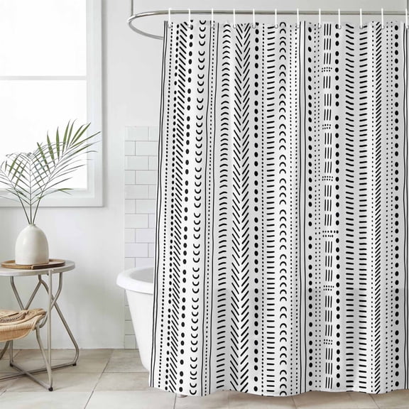 White Boho Waterproof Fabric Shower Curtain,Country Abstract Black Geometric Striped Waterproof Fabric Shower Curtain for Bathroom Curtains Bathtubs Hotel Shower Curtains with 12 Hooks Stall 54x78in