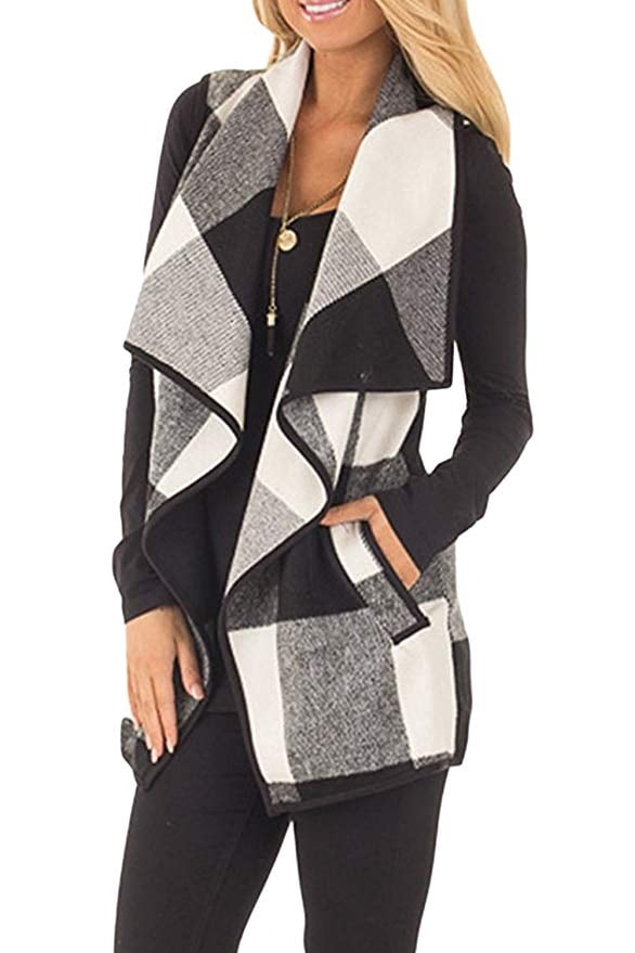 Women Vest Open Front Buffalo Plaid 