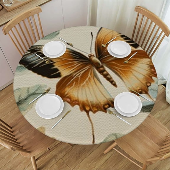 Butterflies Flower Fitted Tablecloth Round with Elastic Edged, Spring Leave Waterproof Wipe Clean Table Cover