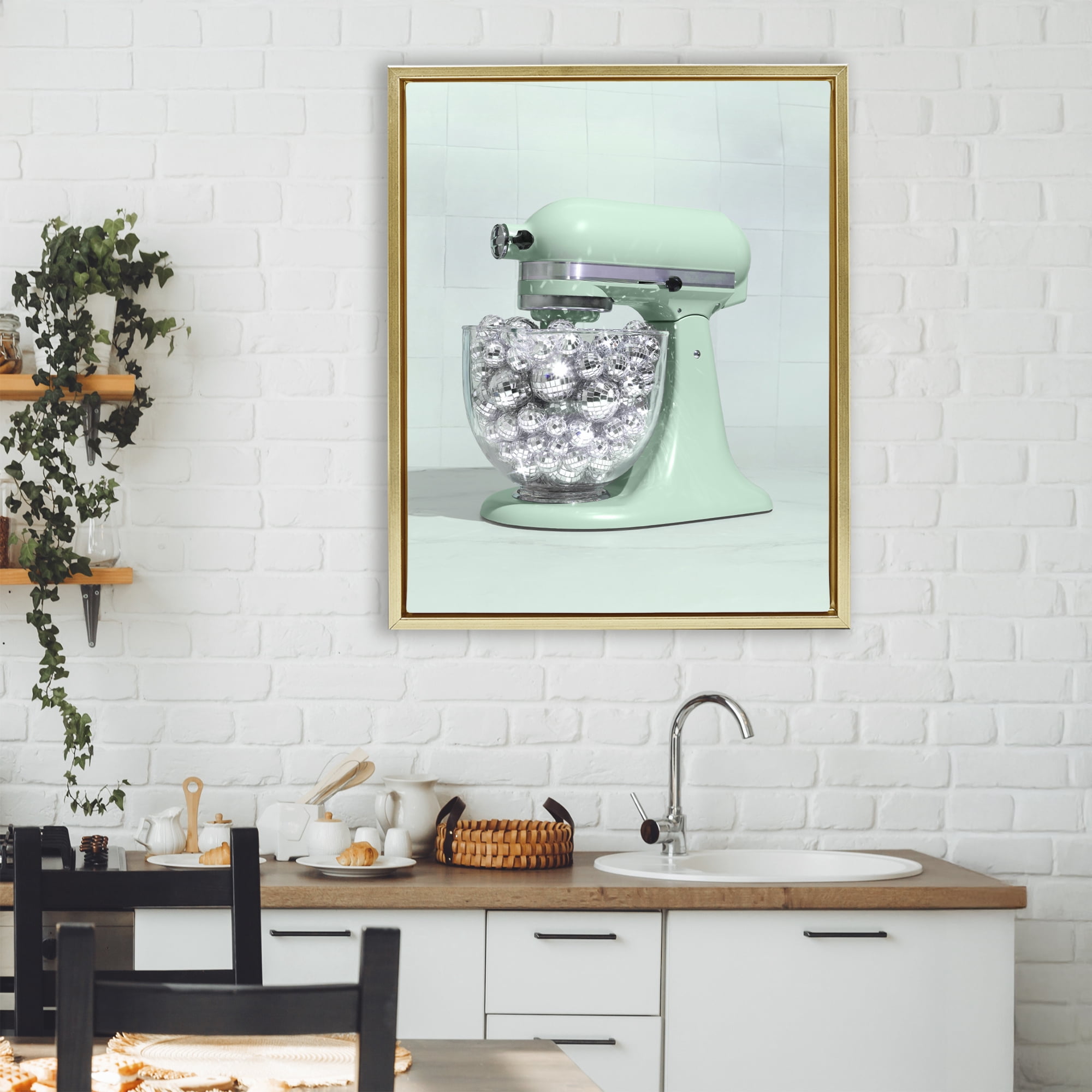 Stupell Industries Disco Kitchen Mixer over Green Gold Framed Floater Canvas Wall Art, design by LISH Creative