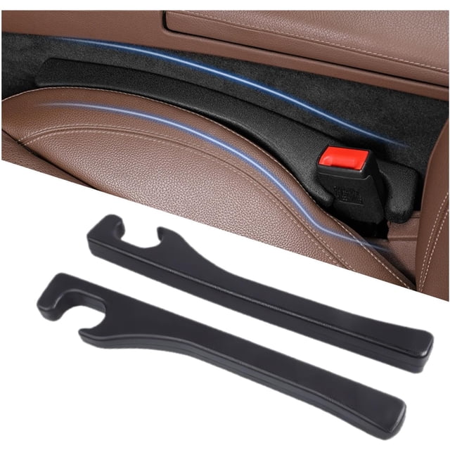 Car Seat Gap Filler Universal Fit Black 2 Pack 15 in. Two black PU leather gap fillers with soft sponge interiors designed to prevent items from falling between car seats and the console. Suitable for most cars, trucks, and SUVs, featuring a reserved hole position for added functionality. Ideal for car organizers to keep interiors clutter-free.