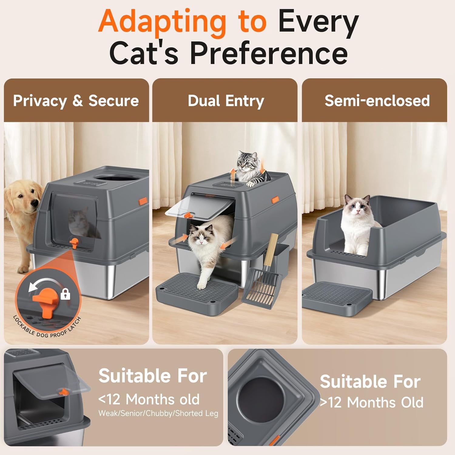 Dog Proof Front Entry Top Exit, High Sided Enclosed Metal Cat Litter Pan, Extra Large Stainless Steel Litter Box with Lid, Includes Scoop & Step, Odor Control Easy Clean Leak Proof