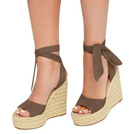

VKEKIEO Round Toe Wedge Sandals For Women Mid Heel Platform Brown