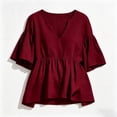 thumbnail image 5 of ClodeEU Women's Deep V Neck Ruffle Babydoll Blouse,Short Flare Sleeve Loose Peplum Tunic Top Wine,Women's Plus M, 5 of 5