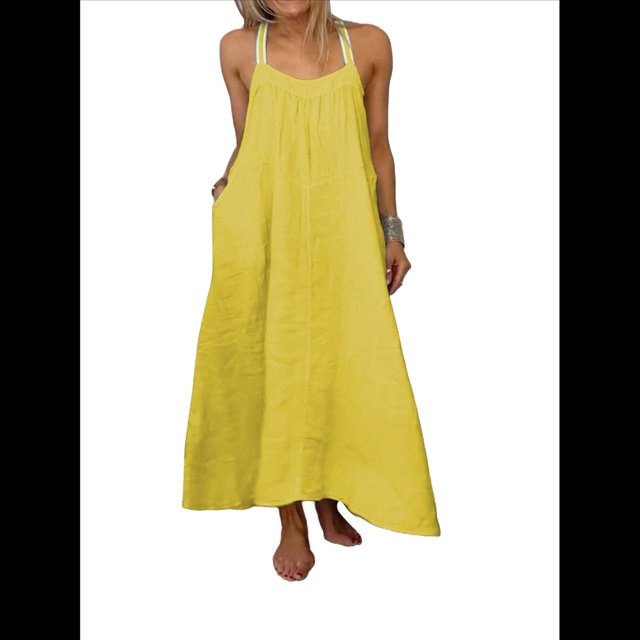Vestido de Algodón de Verano para Mujer, Estilo Bohemio, Informal, con Tirantes Finos Ajustables, Espalda Descubierta y Volantes, Corte Holgado y Fluido. Amarillo XXL