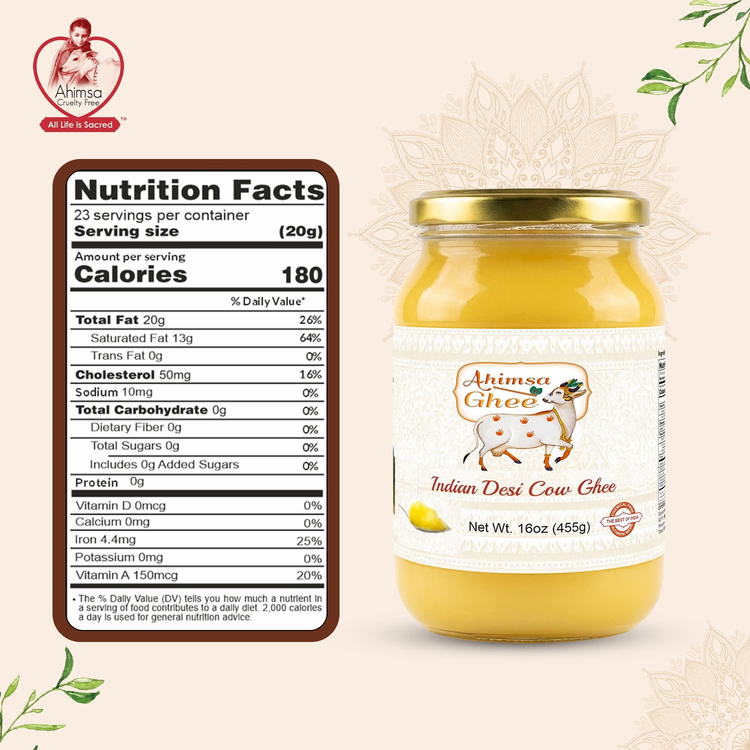Ahimsa Pure A2 Desi Cow Cultured Ghee, 16 oz