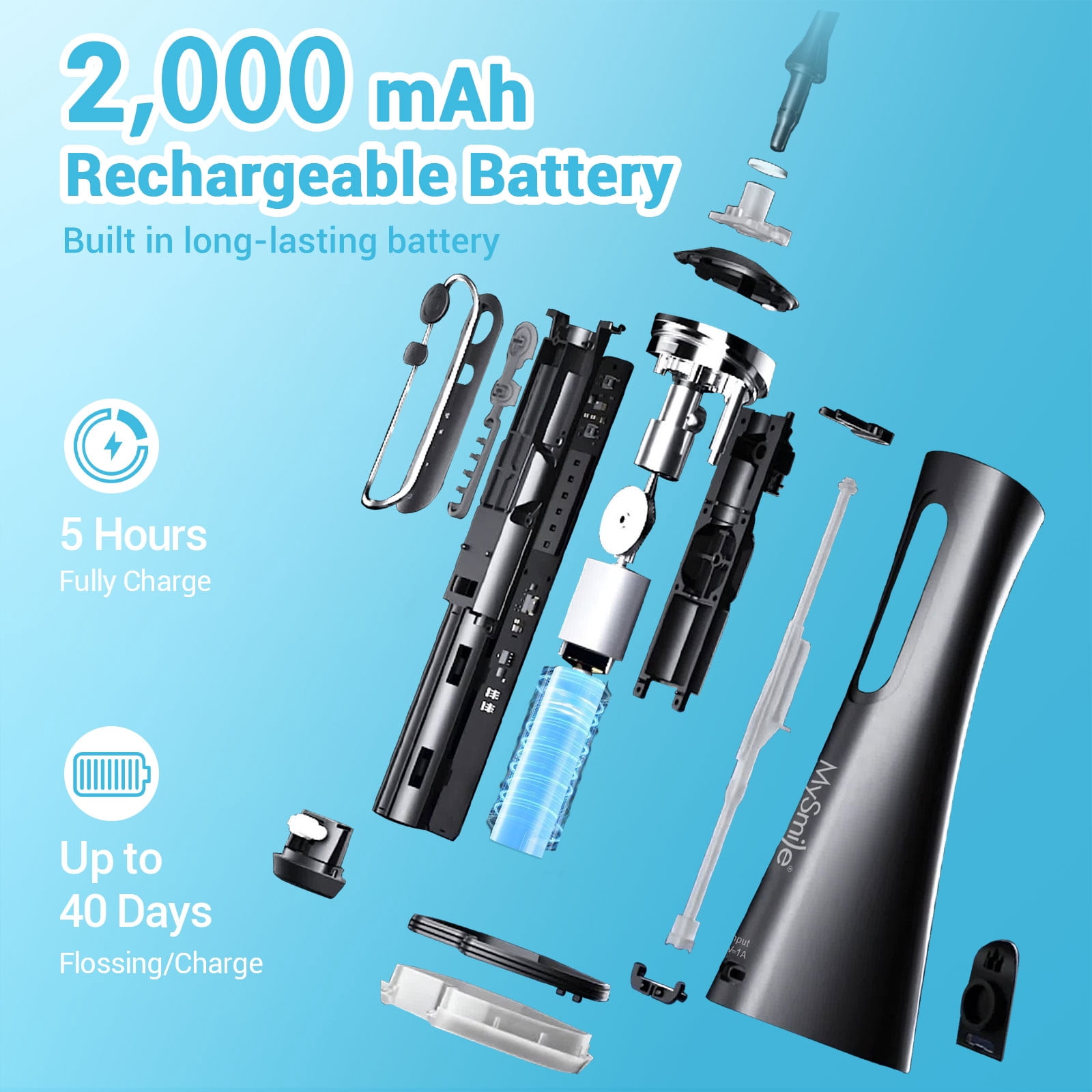 (5 pack) MySmile LP211 Portable Water Flosser Cordless for Teeth Braces, Oral Irrigator, Electric Water Dental Picks, 5 Modes, 8 Jet Tips, Travel Bag, Black