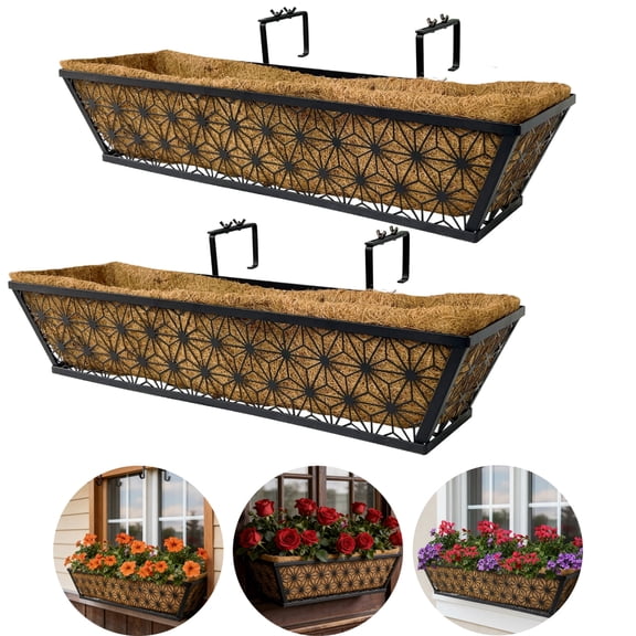 SHegdu Railing Planter Boxes Metal Window Hanging Flower Basket with Coco Liner Adjustable Hooks for Deck Fence Patio Outdoor Indoor Lawn, 2 Pack, 24 inch, Black