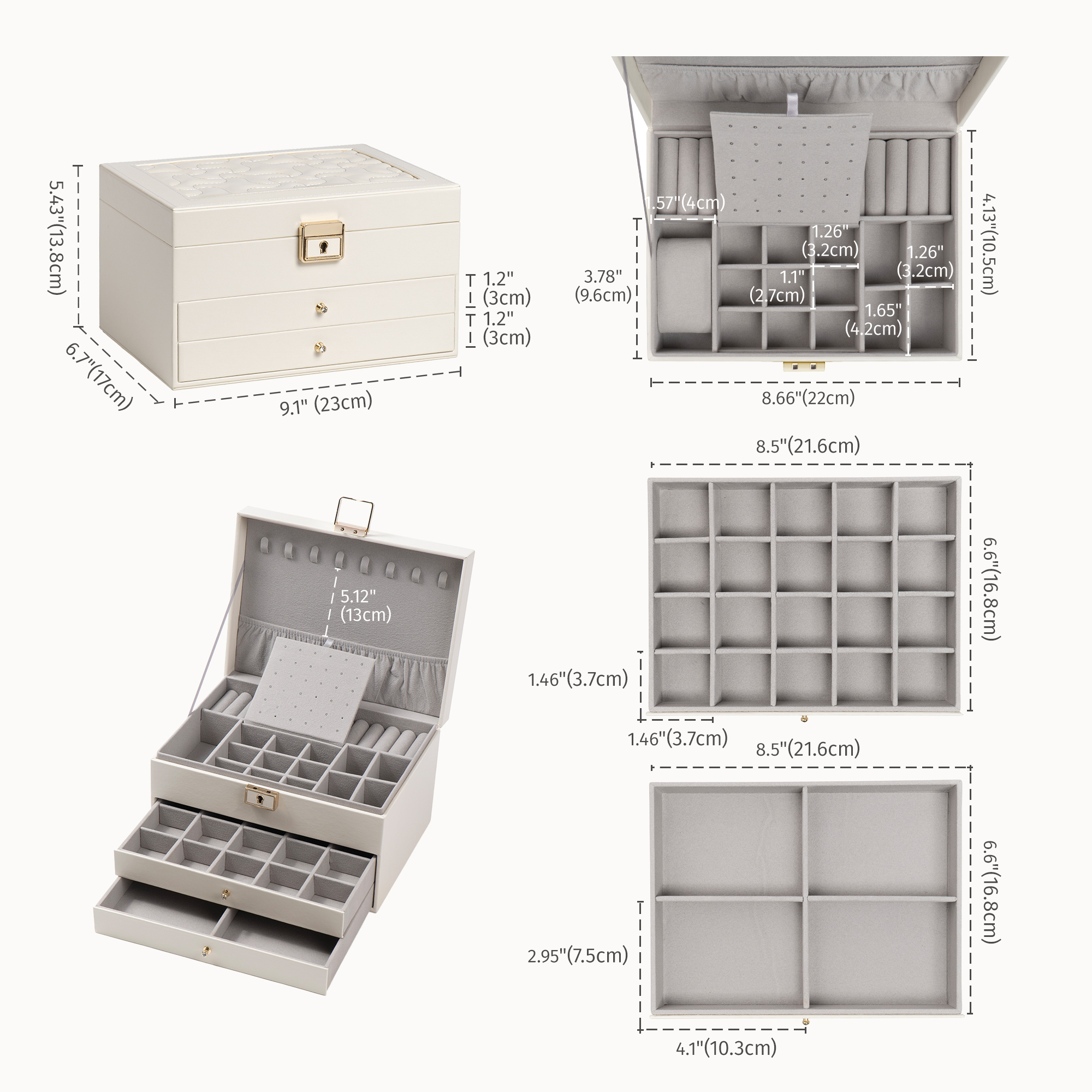 Casegrace 3 Layer Large Jewelry Storage Box, 2 Drawers Jewelry Organizer Case with Gray Velvet, Lockable Jewellery Holder Display for Earring Rings Necklace Bracelet Watch, Women Girls Kid Gifts