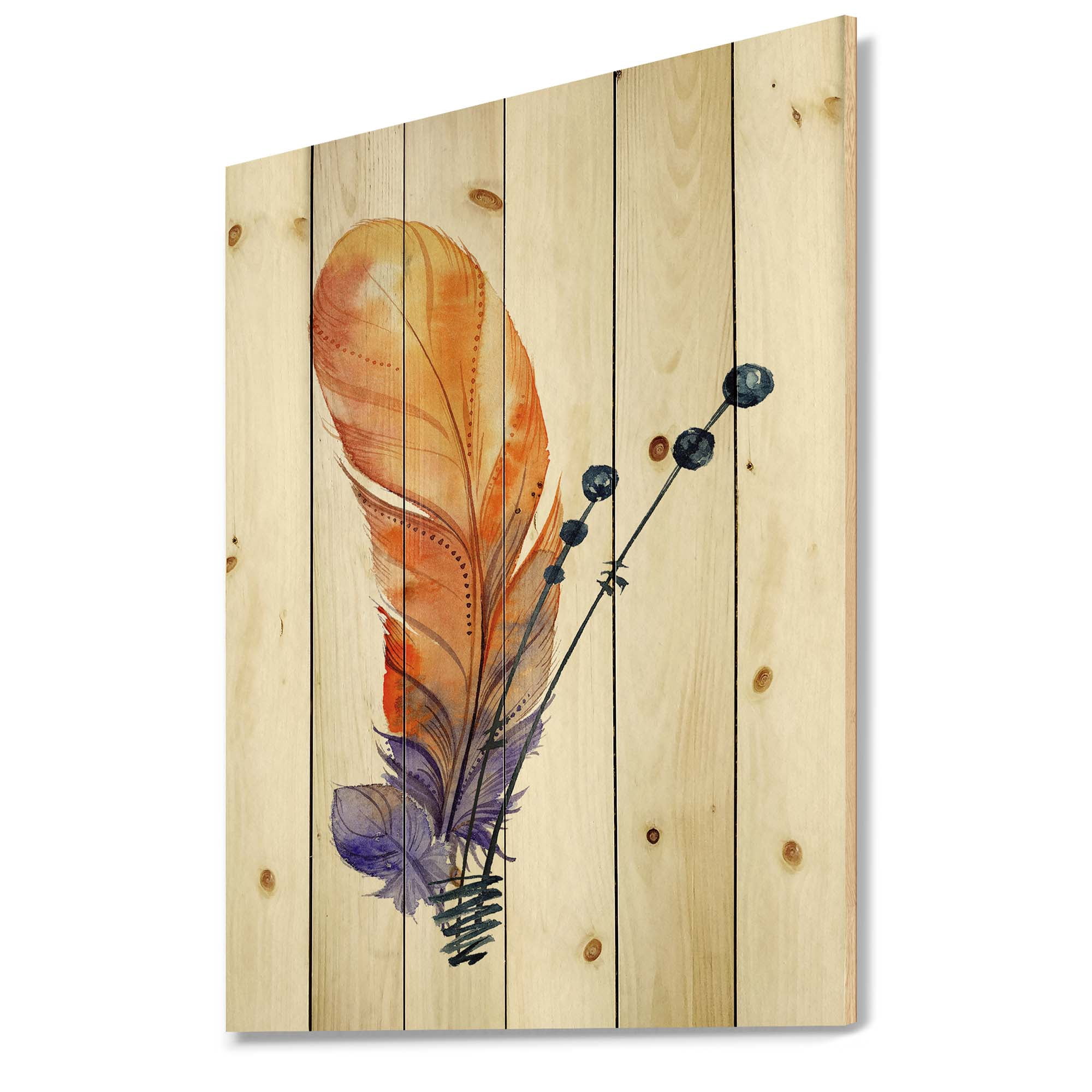 Designart 'Ethnic Orange Animal Feather Composition' Bohemian & Eclectic Print on Natural Pine Wood