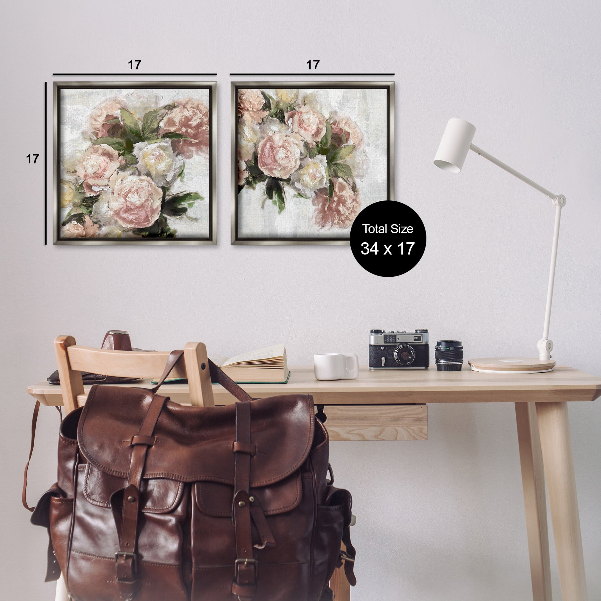 Stupell Industries Traditional Peony Blossoms Arrangement Botanical & Floral Painting Gray Floater Framed Canvas Art Print Wall Art, 18 x 18, Set of 2