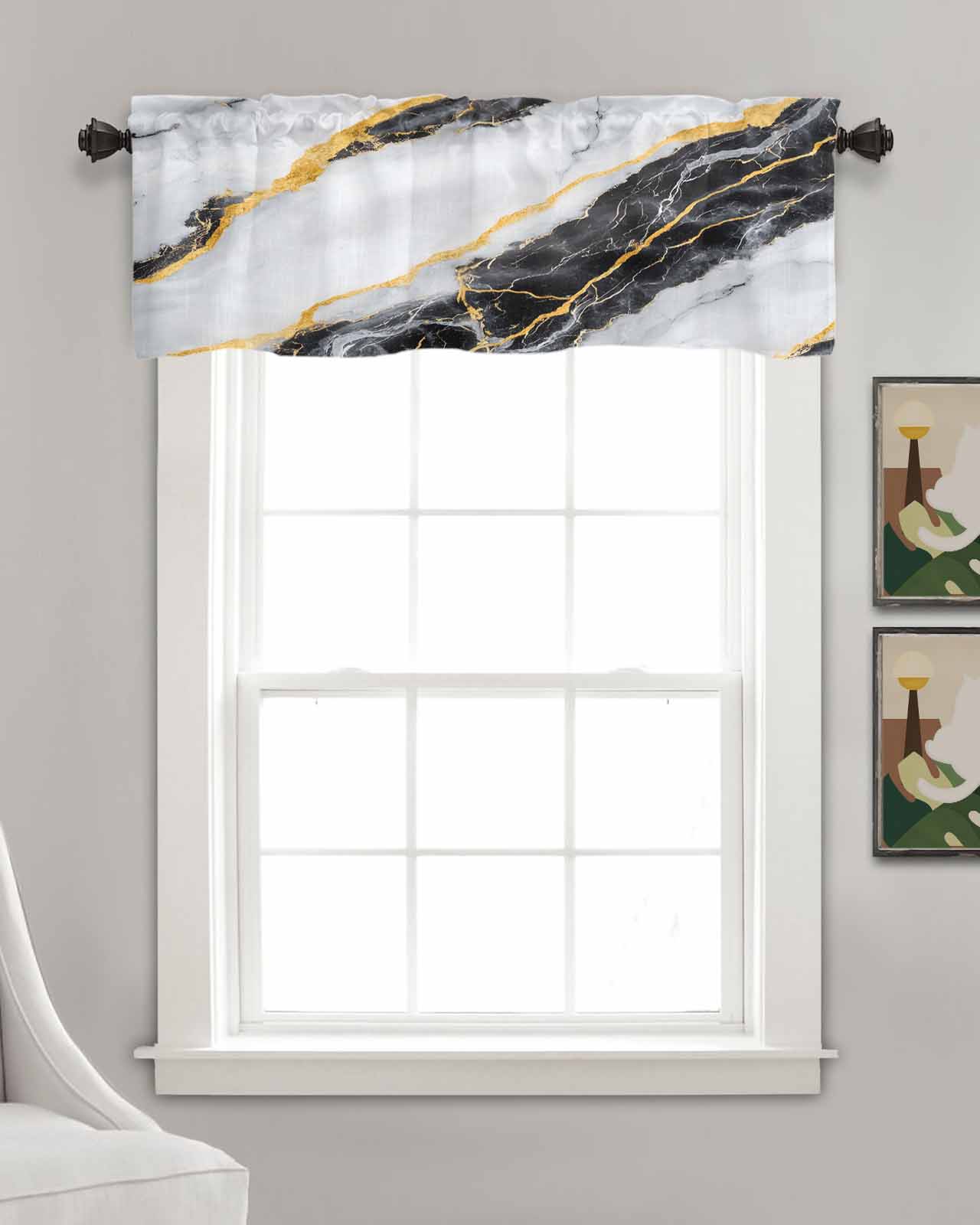Marble Black Kitchen Valances for Windows Farmhouse Linen Window Valance Curtain for Living Room Window Treatment Gold Foil Ceramic Style Cracks Scratches Valance Rod Pocket Topper, 54 x 18 Inch