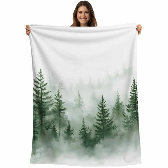 Flannel Fleece Throw Blanket Green Tree Plant Misty Forest Lightweight Soft Plush Blankets,Nature Scenery Cozy Warm Throw Blanket for Couch Sofa Bed Car Office All Season Use 40x50in