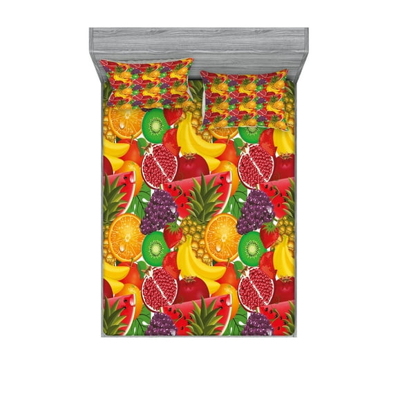 Ambesonne Colorful Fitted Sheet & Pillow Sham Set, Tropical Fresh Fruits, Full, Multicolor