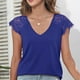 thumbnail image 4 of Camisa de encaje para mujer, escote en V profundo, ajuste holgado, color sólido, transpirable, blusa informal de verano para uso diario, azul S, 4 of 8
