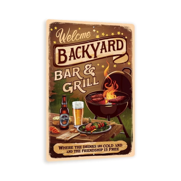 Vintage-Style "Welcome Backyard Bar & Grill" Sign - Rustic Outdoor Decor with BBQ Grill and Starry Night Background, 8" x 12"