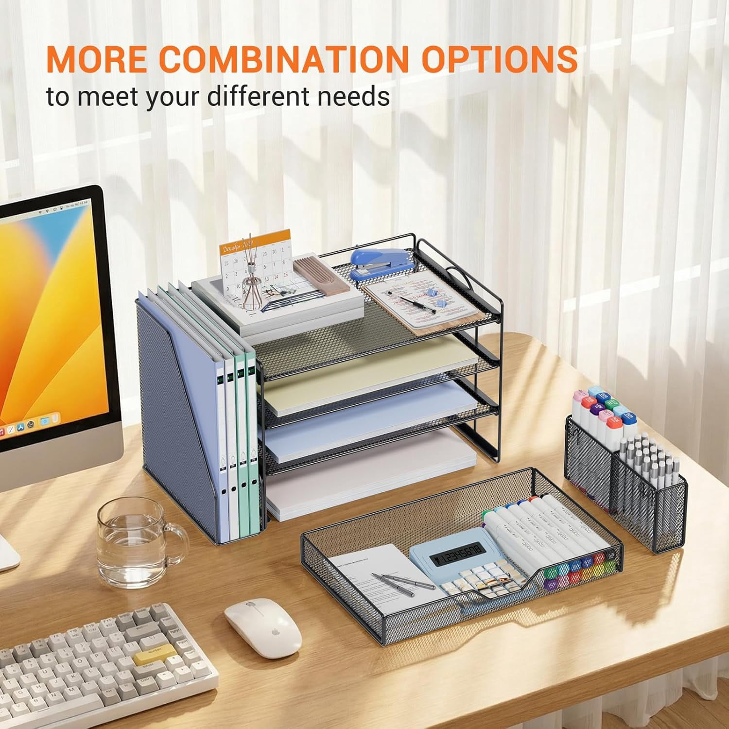 Desk Organizers and Accessories, 4-Tier Workspace Desktop File Organizer with Drawer & Pen Holder, Paper Tray Organizer with File Holder, Office Desk Accessories for Home Office Supplies, Black