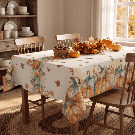 Sm:)e Fall Tablecloth 60x84 Inch, Autumn Harvest Orange Pumpkin Leaves Washable Table Cover for Party Picnic Dinner Decor