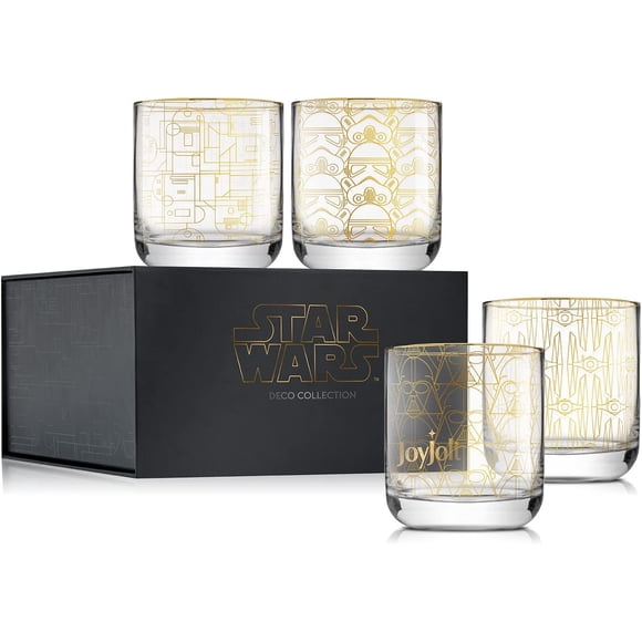Star Wars Glassware. 'Deco' Lowball Glasses Set of 4, 10oz Star Wars Glasses. Short Glass Tumbler with Darth Vader in a Retro Crystal Glass Cup. Double Old Fashioned Rocks Glass or Water Glass