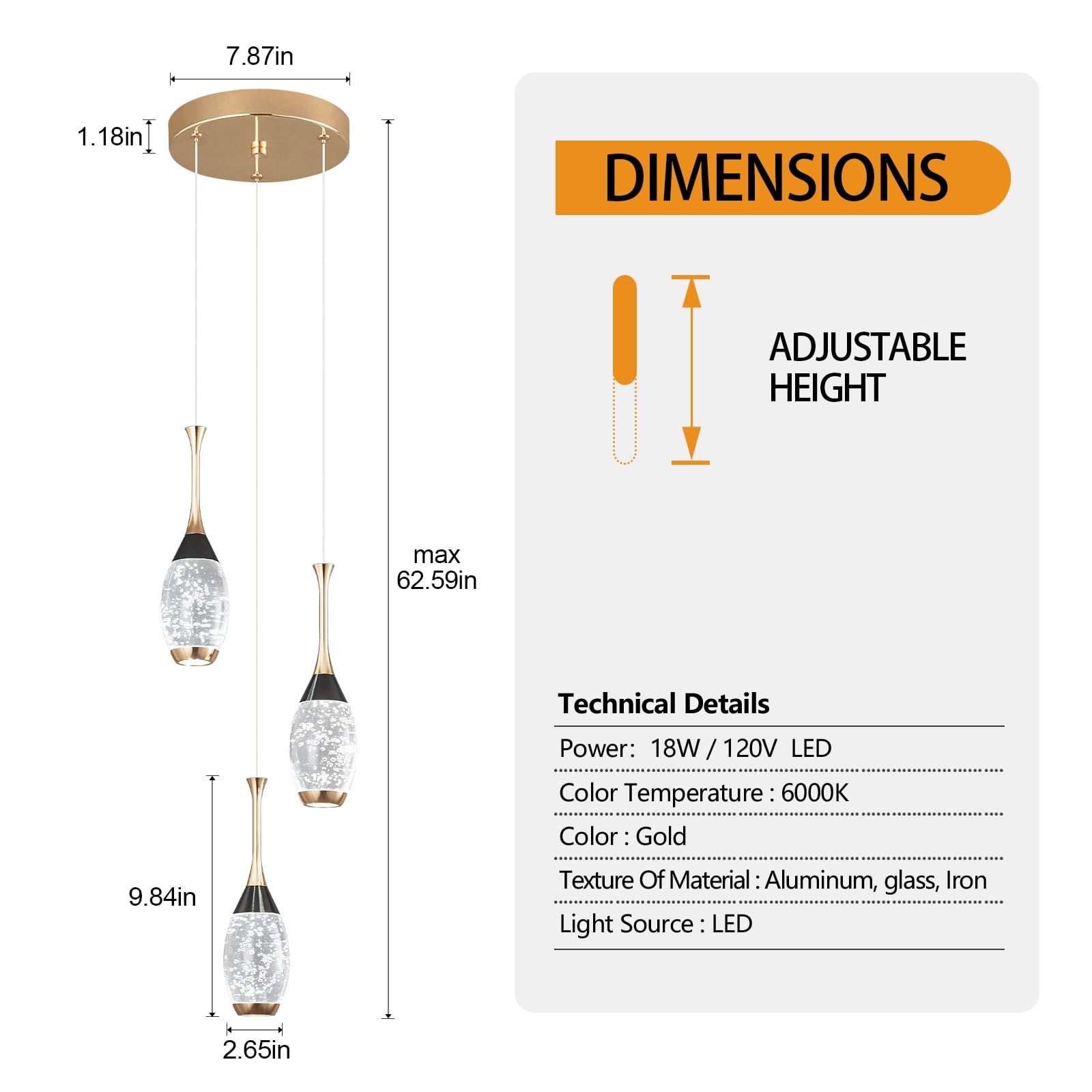 Modern Crystal Pendant Light Teardrop LED Ceiling Light Fixtures Black Gold Dimmable Pendant Lighting for Bedroom Dining Room Kitchen Island（3 Light）