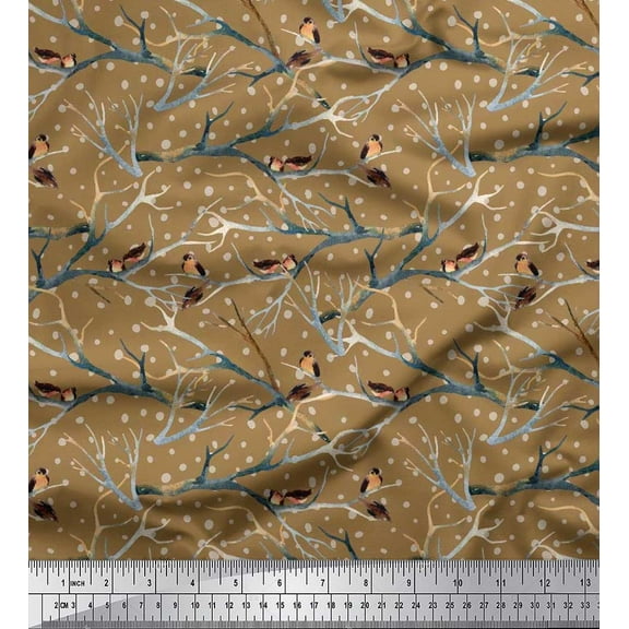 Soimoi Brown Cotton Duck Fabric Branch,Dot & American Robin Bird Decor Fabric Printed BTY 42 Inch Wide