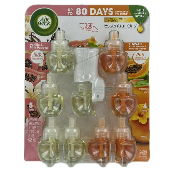 Airwick Essential Oils Air Freshener, 1 Unit & 9 Refills (Pink Vanilla & Hawaii)