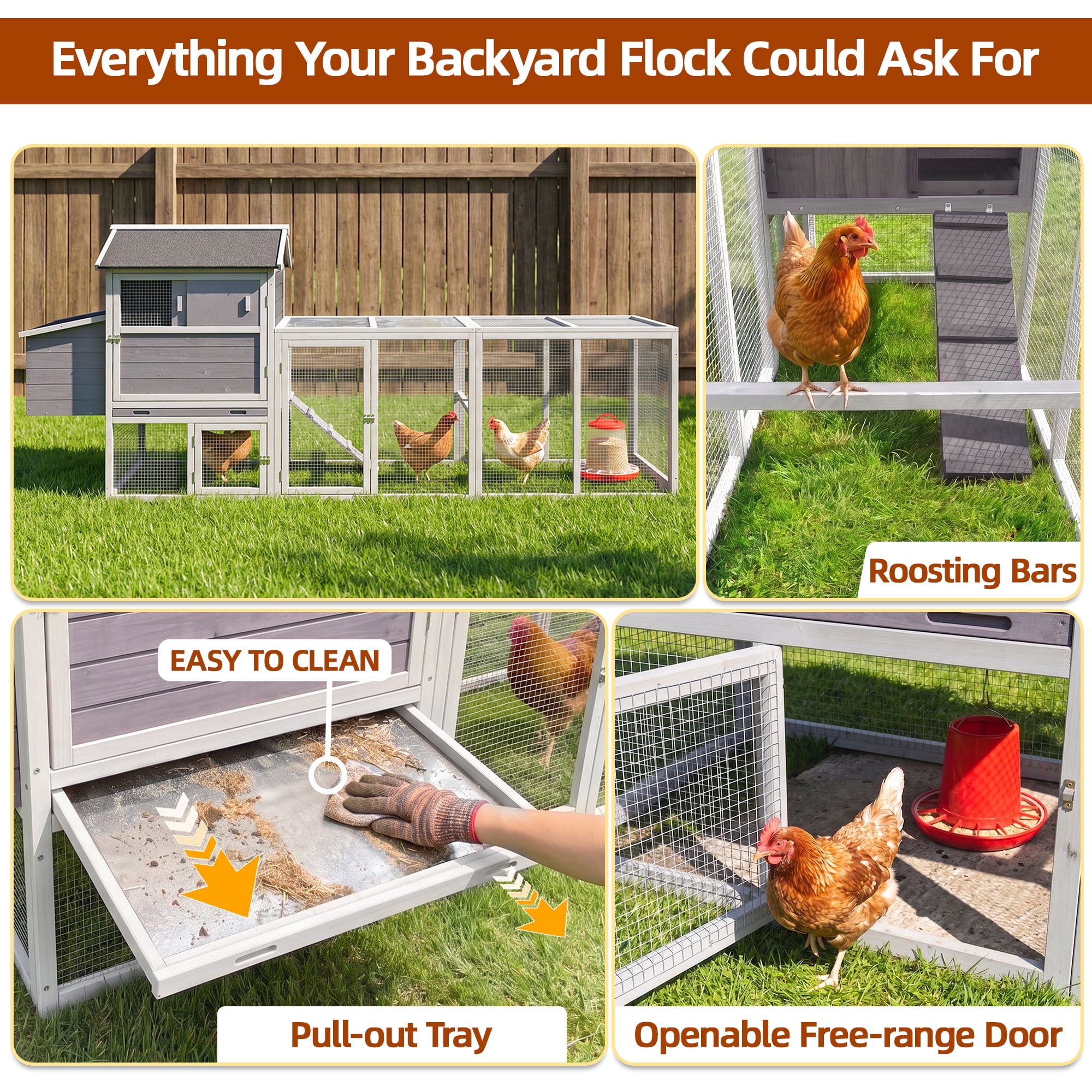Backyard Chicken Coop with Nesting Box, Weather Resistant Wooden Hen House, Walk-In Run Options, Fits 2-6 Chickens, Gray Coop with Run