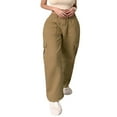 thumbnail image 3 of Women Solid Color Cargo Pants  High Waist Straight-leg Buckle Jeans with Pockets  Khaki/ Brown, 3 of 6