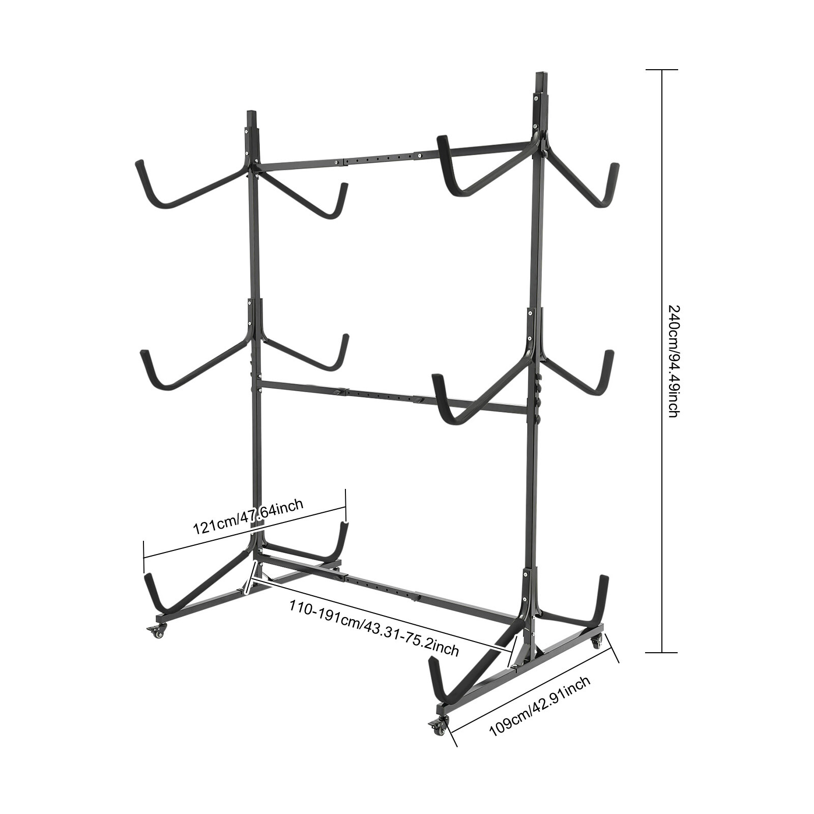 ToppiJoy Adjustable Kayak Storage Rack, Freestanding Kayak Stand with Lockable Wheels, Heavy Duty Metal Stand for Canoe Boat Paddle Board SUP Surfboard Black(3 Tiers)