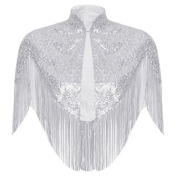 inlzdz Women Fringed Bridal Evening Cape Sequin 1920s Wraps Shawl Capelet Bolero Flapper Cover Up Silver XXL