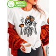 thumbnail image 1 of Halloween T-Shirt - Women'S Skull with Coffee Graphic T-Shirt - Casual Crew Neck Short Sleeve Top, Halloween-Themed Skeleton Design with Bow & Coffee Cup, Perfect for Spring & Summer, Halloween Shirts, 1 of 6