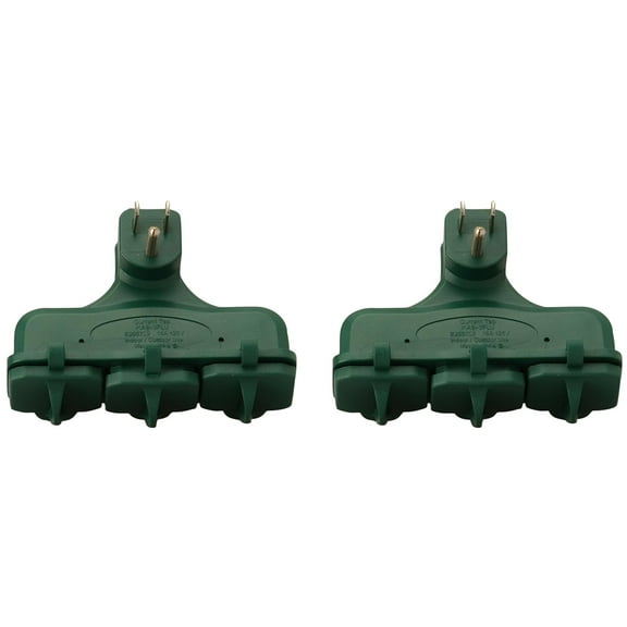 [2-pack] - Woods 13270 Green Weatherproof 3-Outlet Adapter Suitable for Outdoor or Indoor Use