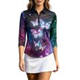 thumbnail image 3 of Golf Shirts for Women Butterfly Notch Neck Polo 3/4 Sleeve Athletic Tennis Golf Top, 3 of 7