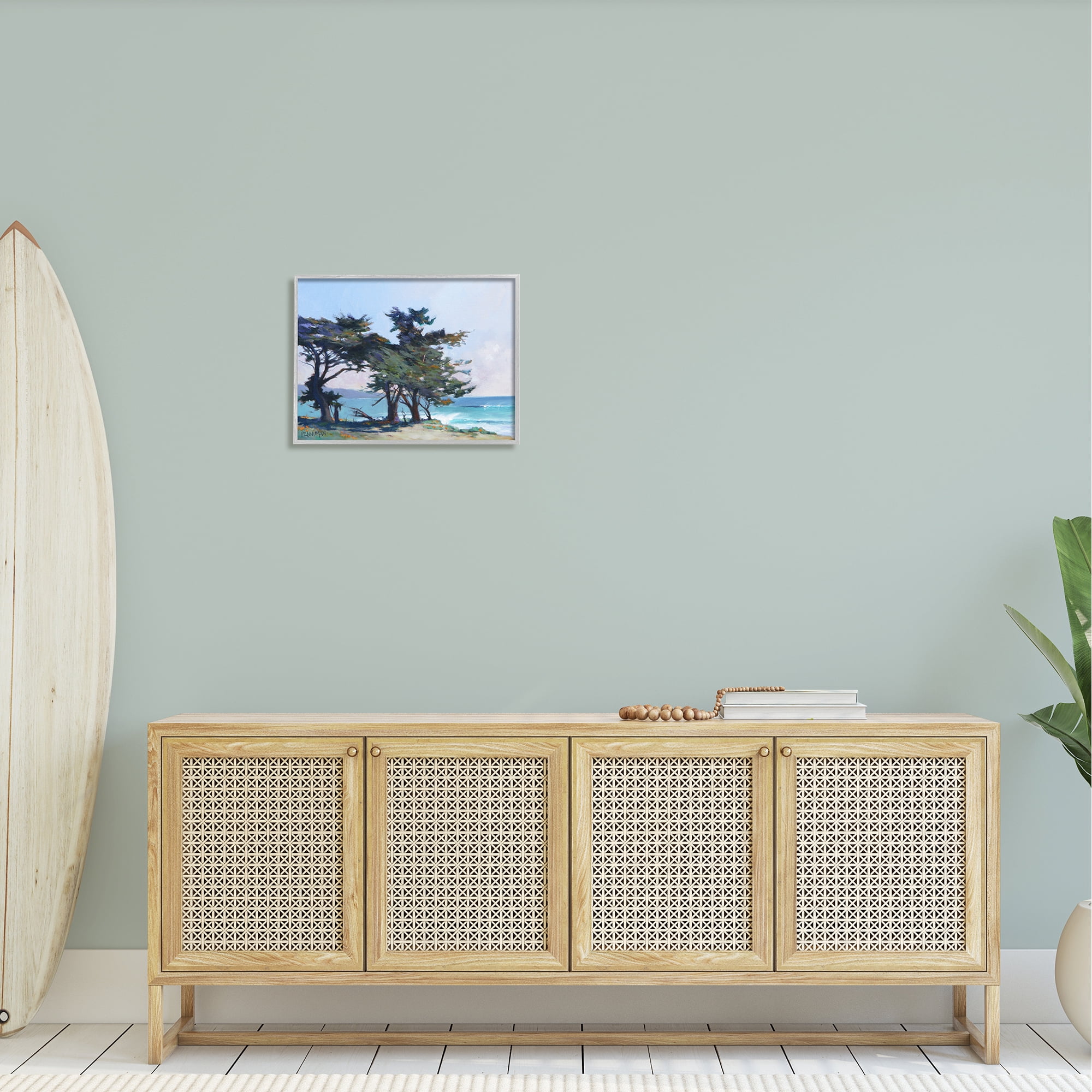 Stupell Coastal Sandy Trees Ocean Waves Landscape Painting Gray Framed Art Print Wall Art