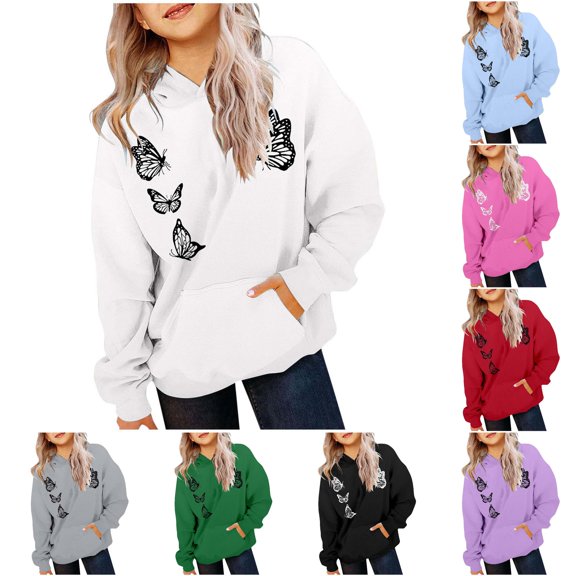 Byoo Girl's Butterfly Oversized Hoodie Long Sleeve Pullover Hooded Sweatshirt Casual Daily Top,White