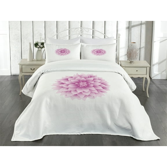 Ambesonne Dahlia Quilted Bedspread Set 3 Pcs, Purple Dahlia with Magenta, Queen Size, Fuchsia White